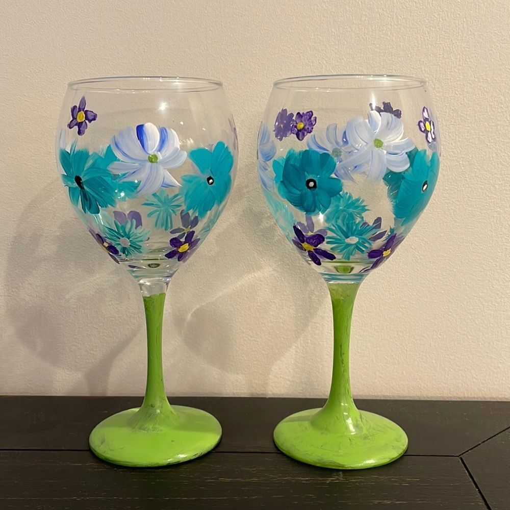 Handpainted floral wine glasses (2)